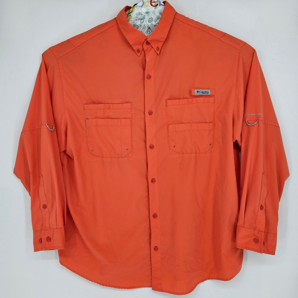 Columbia‎ Shirt Mens XL PFG Vented Fishing Omni Shade Orange Long Sleeve